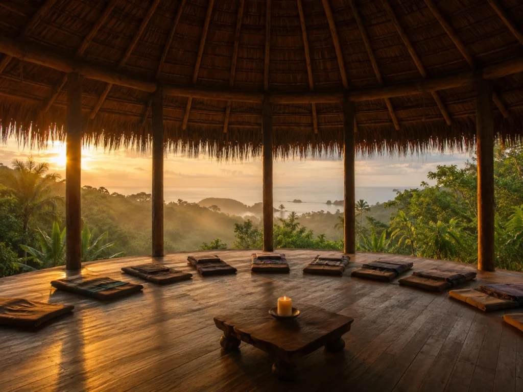 Open-air maloca at dawn where ayahuasca ceremonies after 50 are held in Costa Rica