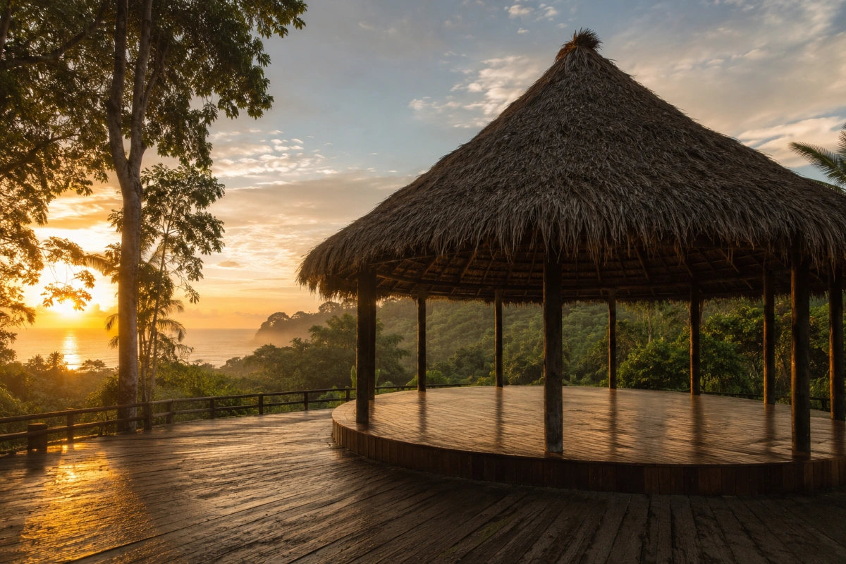 Maloca at dawn at a Costa Rica ayahuasca retreat
