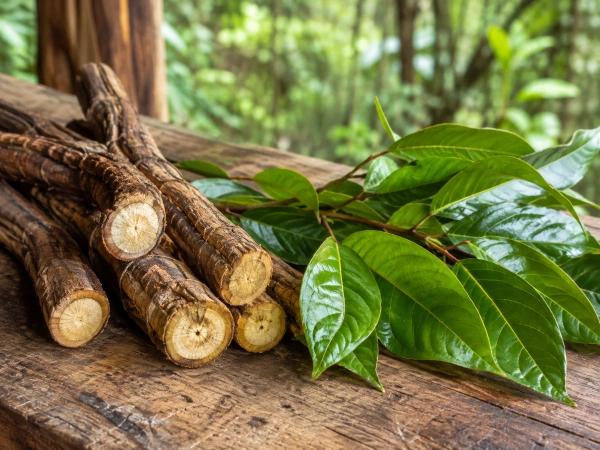 Ayahuasca vine and chacruna leaf used to brew the medicine, close-up