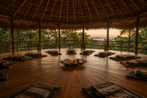 Maloca with separate mats where couples do ayahuasca on their own