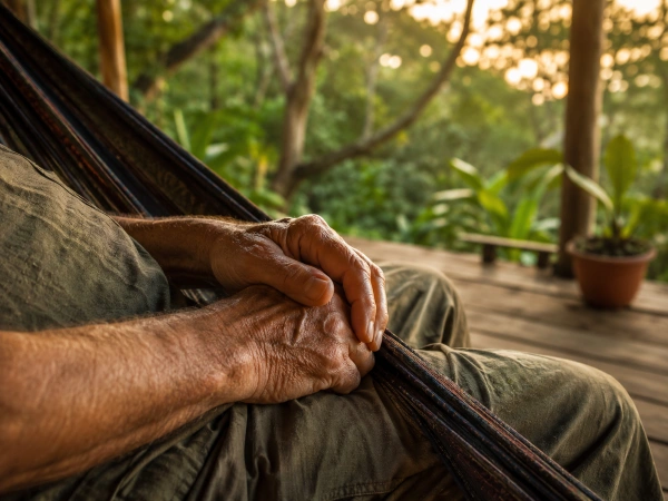 Older adult resting between ayahuasca ceremonies, hands close-up