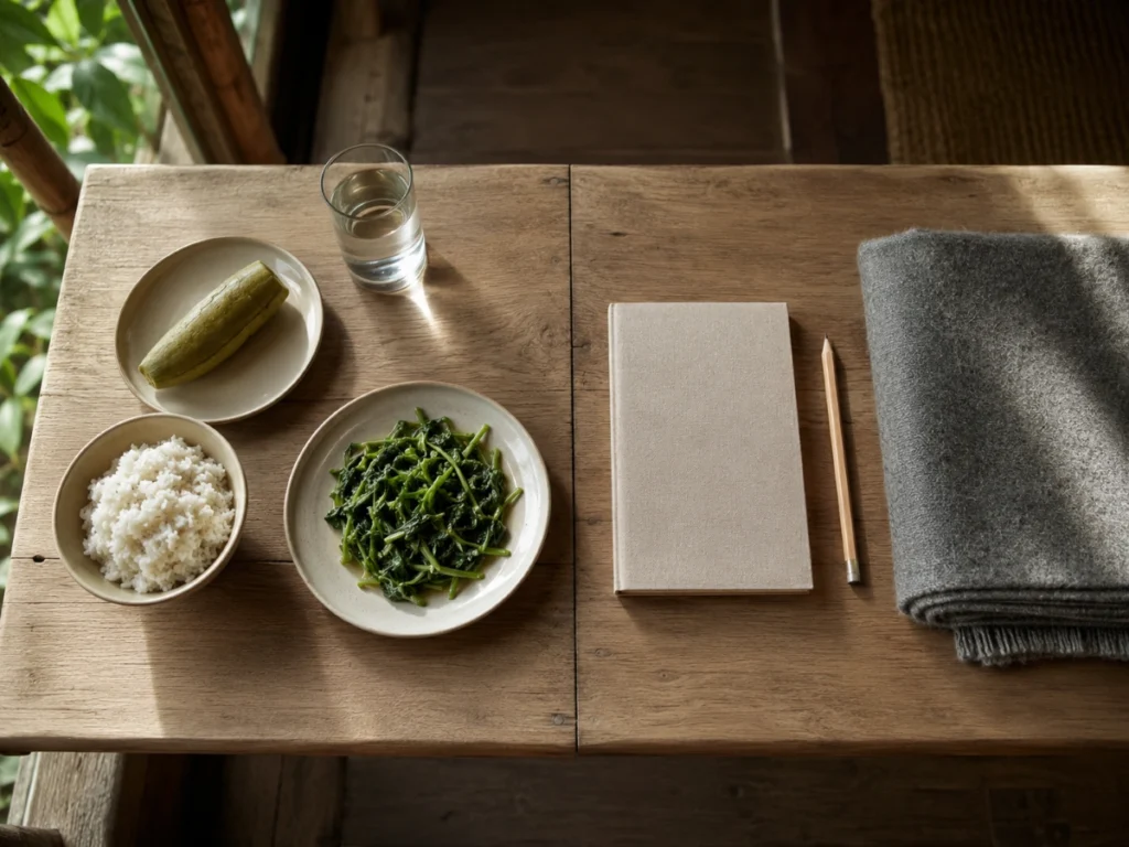 Ayahuasca dieta food beside a journal, physical and mental preparation
