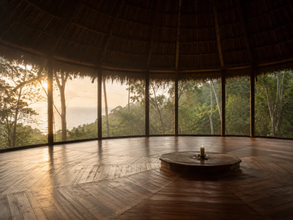 Empty maloca at dawn before returning to work after an ayahuasca retreat