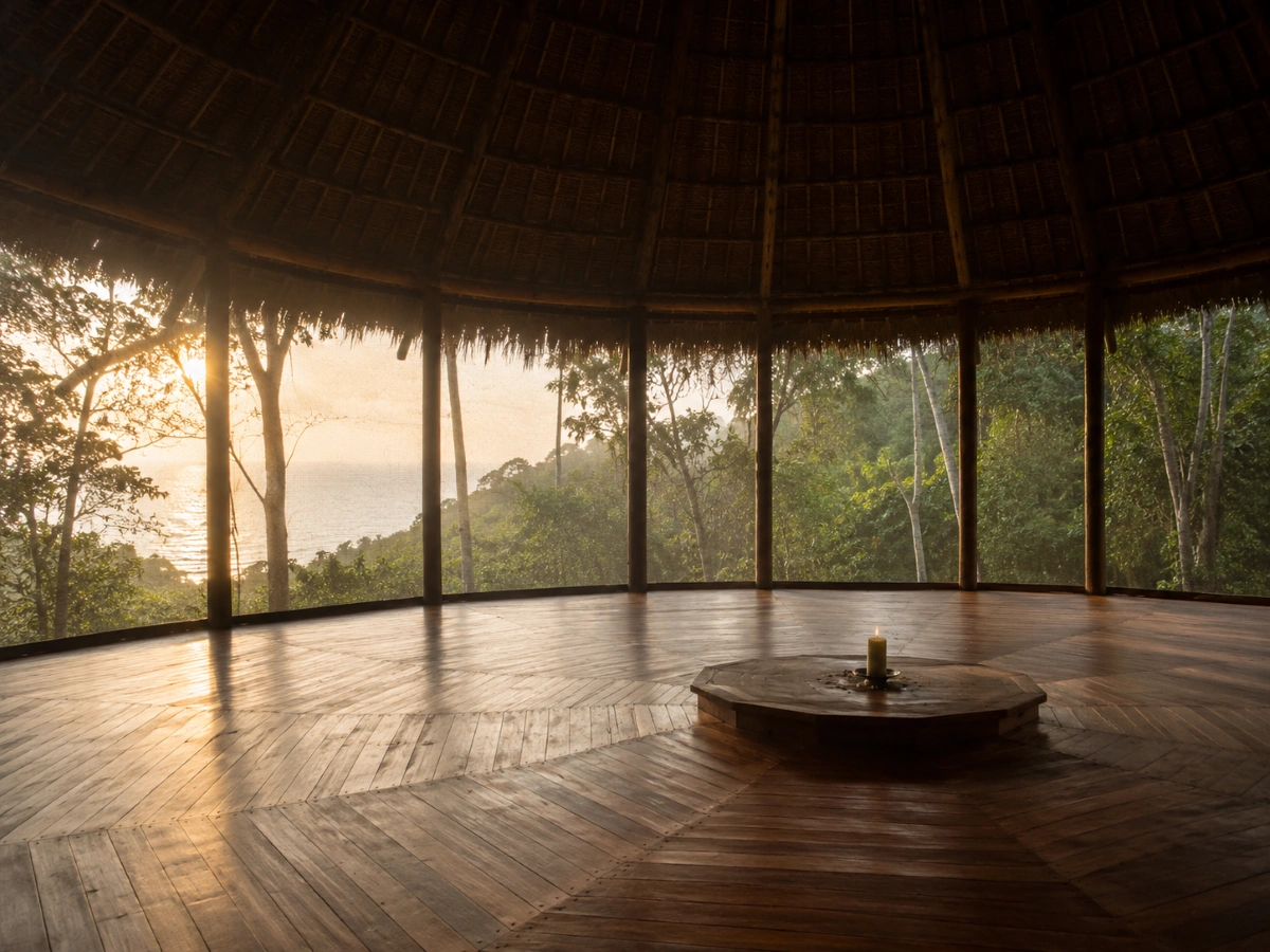 Empty maloca at dawn before returning to work after an ayahuasca retreat