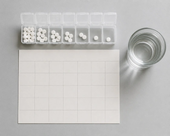 Pill organizer and calendar showing an antidepressant taper before ayahuasca
