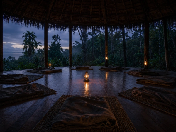 Maloca at dawn after an ayahuasca ceremony ends on the Osa Peninsula