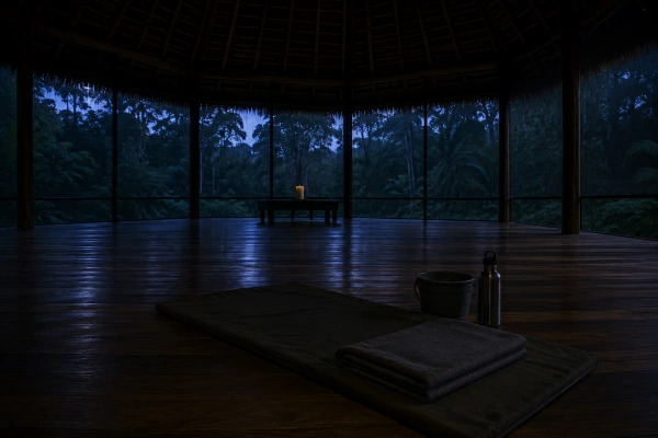 Empty mat, blanket and bucket set for an ayahuasca ceremony before dawn